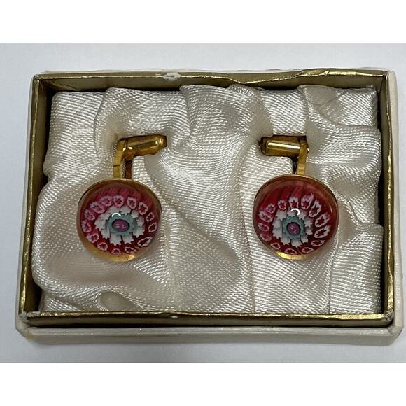 Charles Murat Millefiori Glass Cufflinks Red White Gold Plated x Saint-Louis Col - Picture 5 of 14